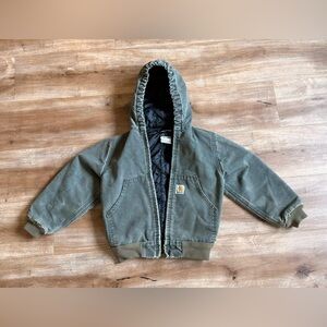 Kids Carhartt Duck Canvas Quilted lining hooded zip up Olive zip up jacket S/M